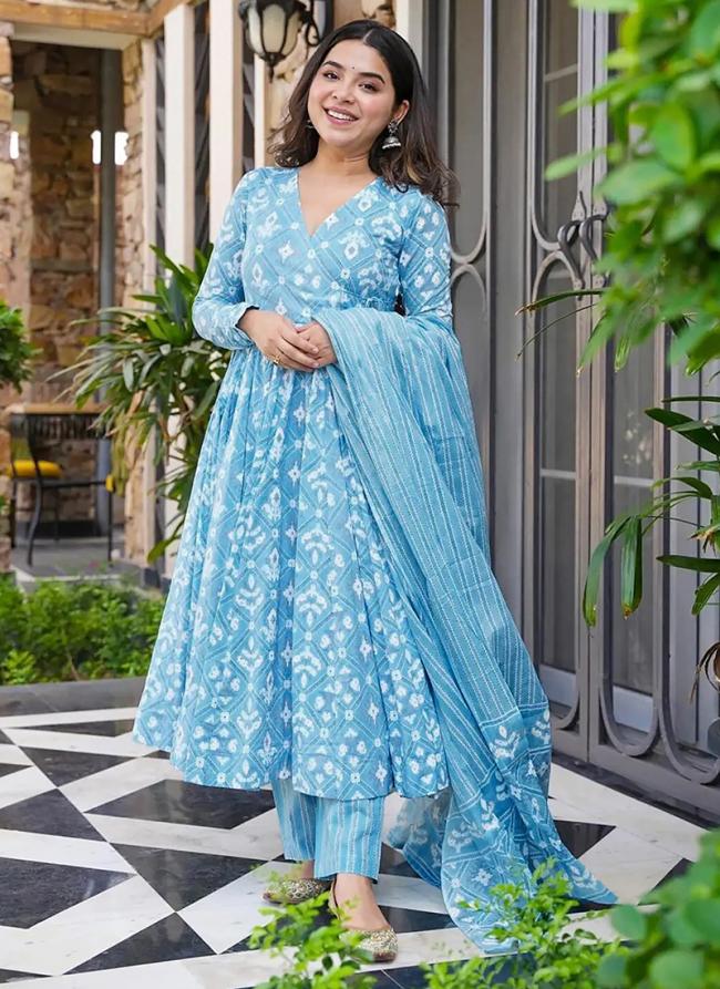 Pure Muslin Bright Blue Party Wear Printed Readymade Anarkali Suit